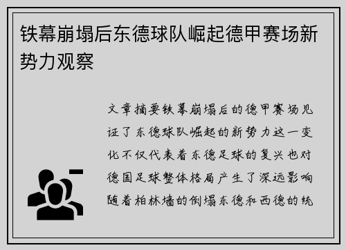 铁幕崩塌后东德球队崛起德甲赛场新势力观察
